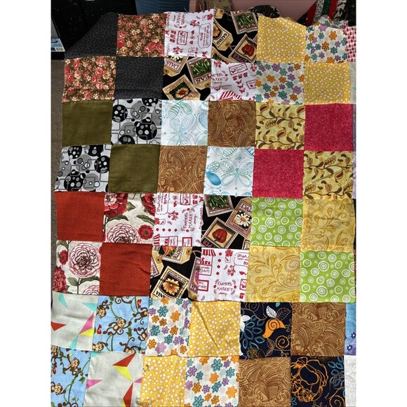 An unfinished Bordered Squares quilt top 41” x52.5” Yellow Pink Green Brown Blue - Picture 2 of 10